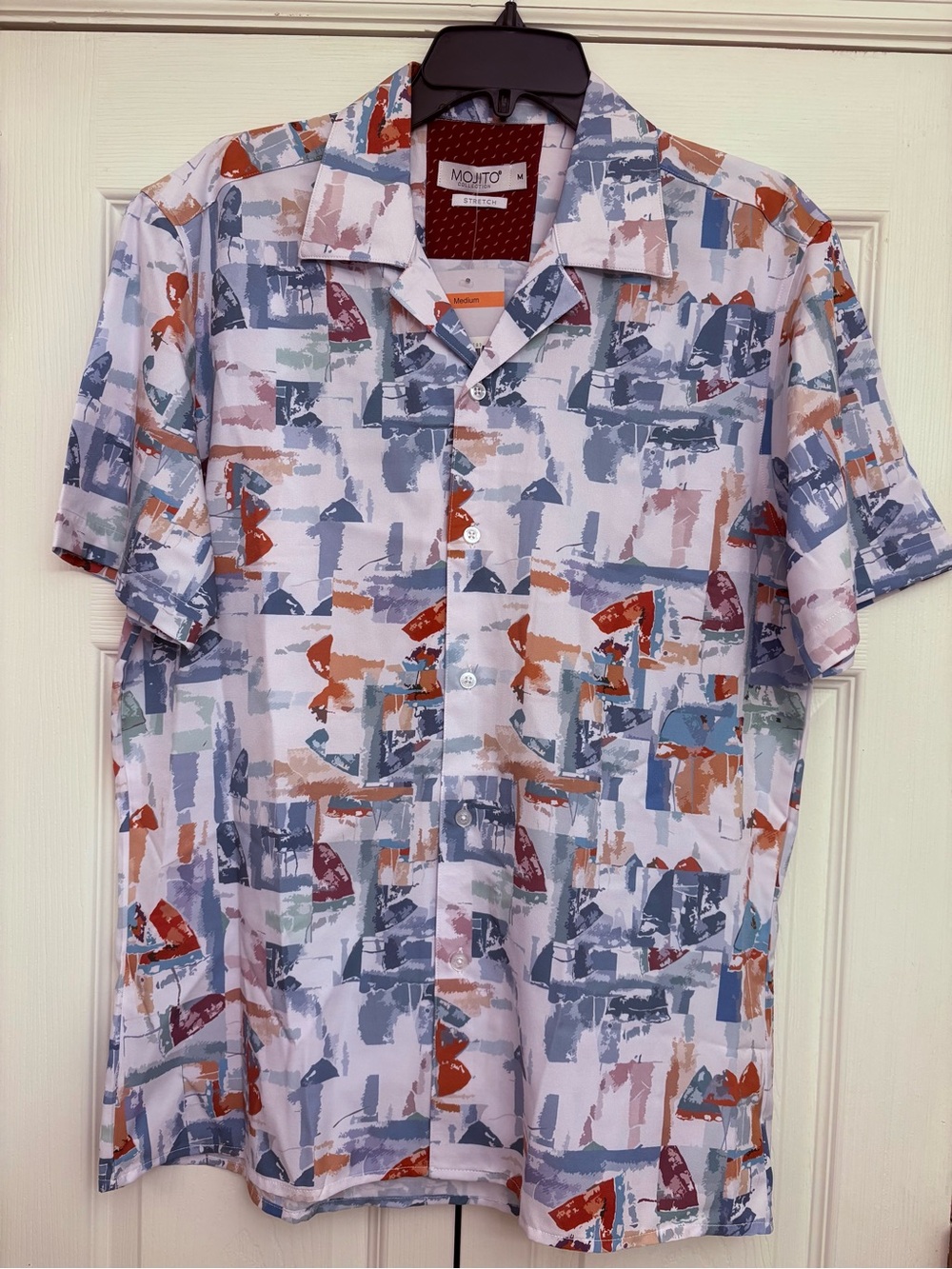 Short-Sleeve Abstract Print Button-Down Shirt - White with Blue & Rust